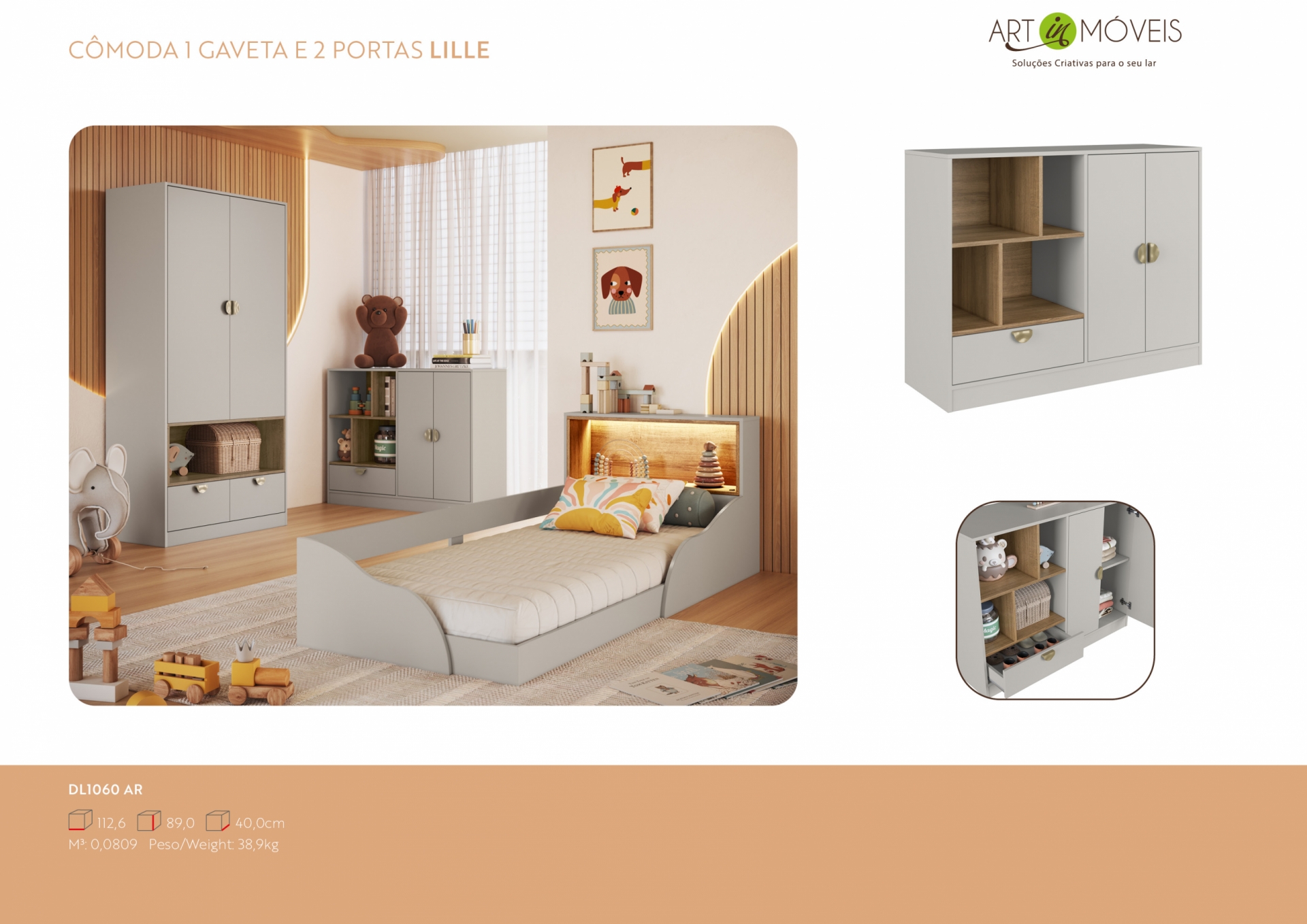 Cômoda 1 Gaveta e 2 Portas Lille Art In Móveis