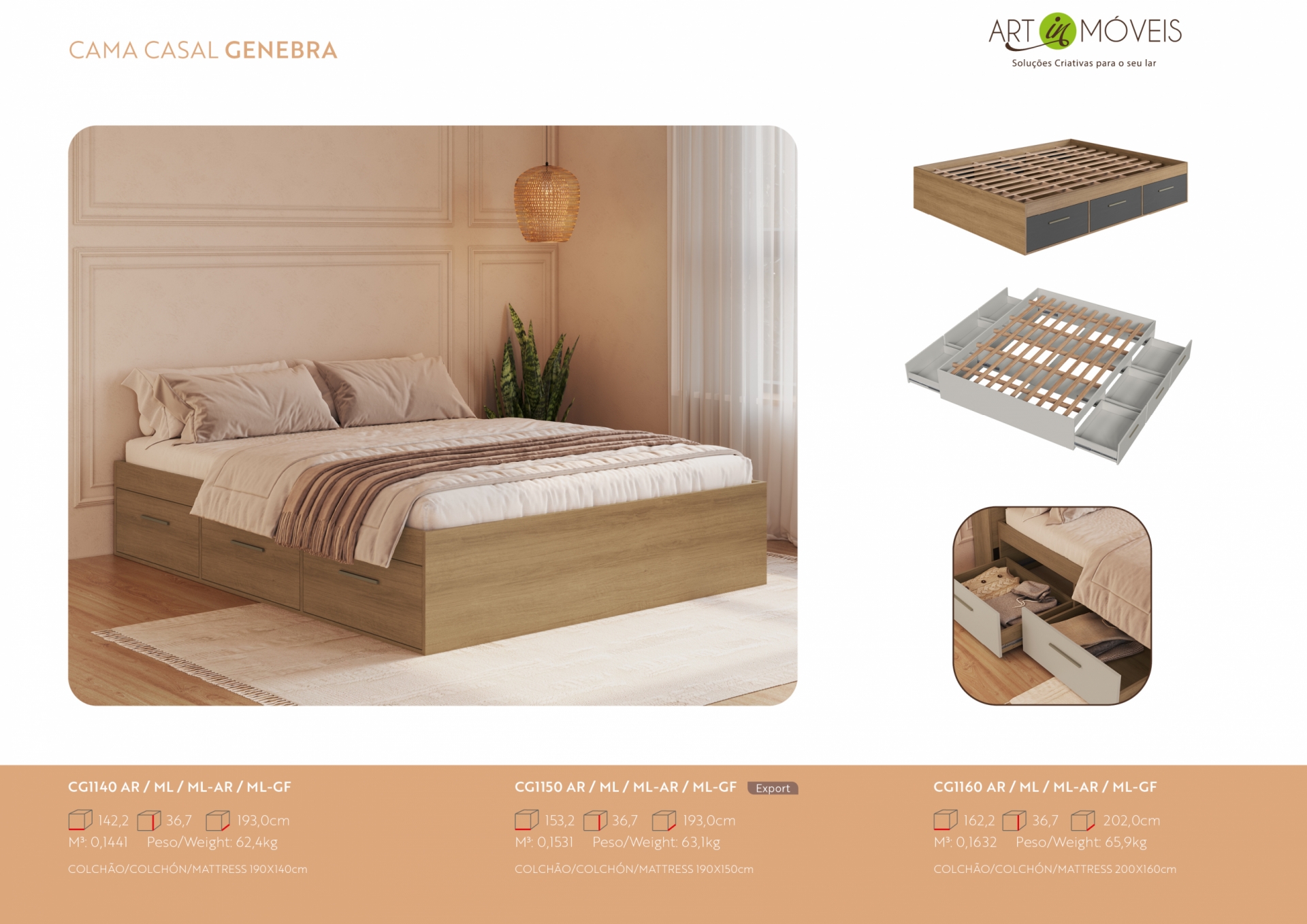 Cama casal 6 gavetas Genebra Art In Móveis