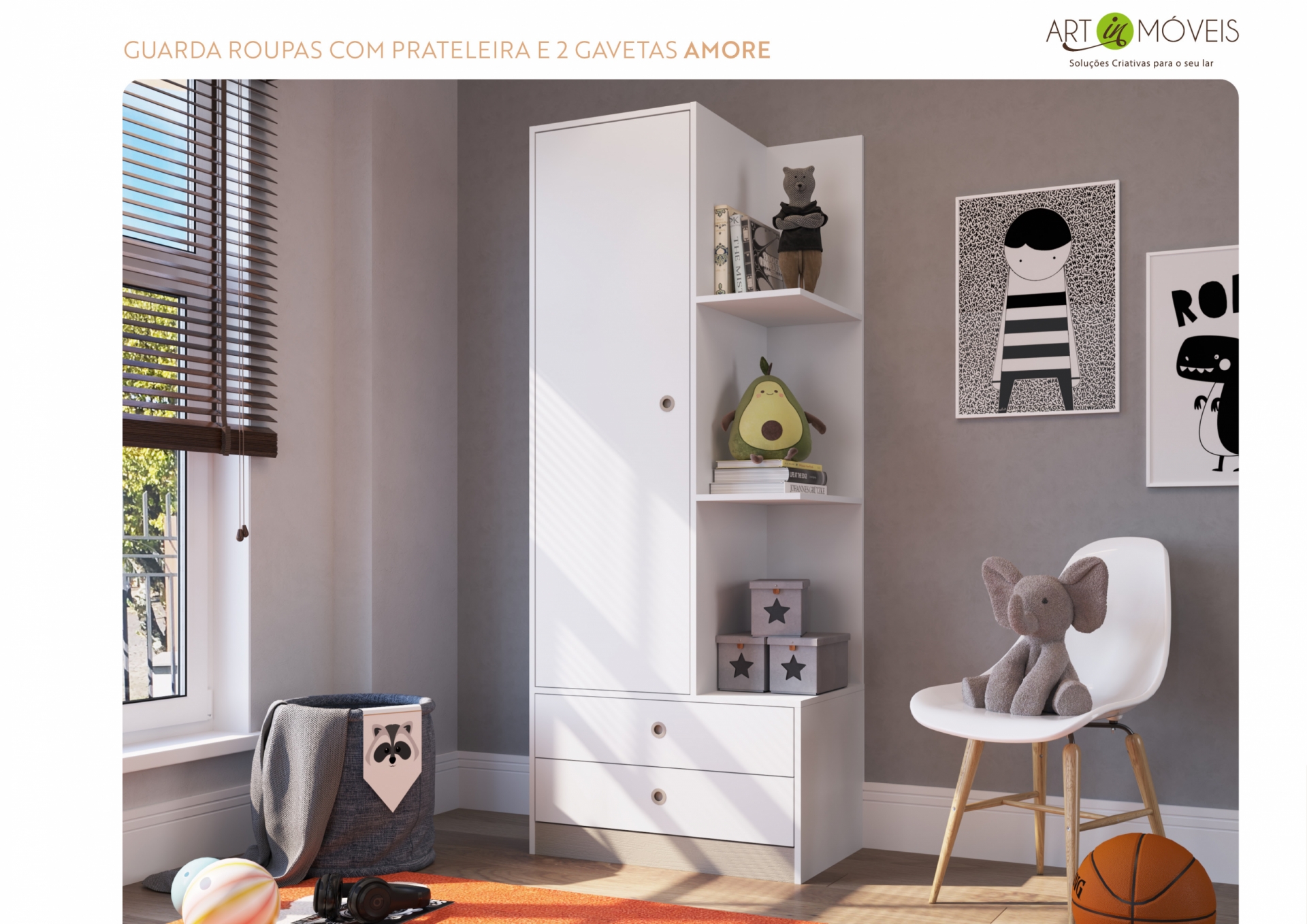 Guarda Roupas com Prateleira e 2 Gavetas Amore Art In Móveis