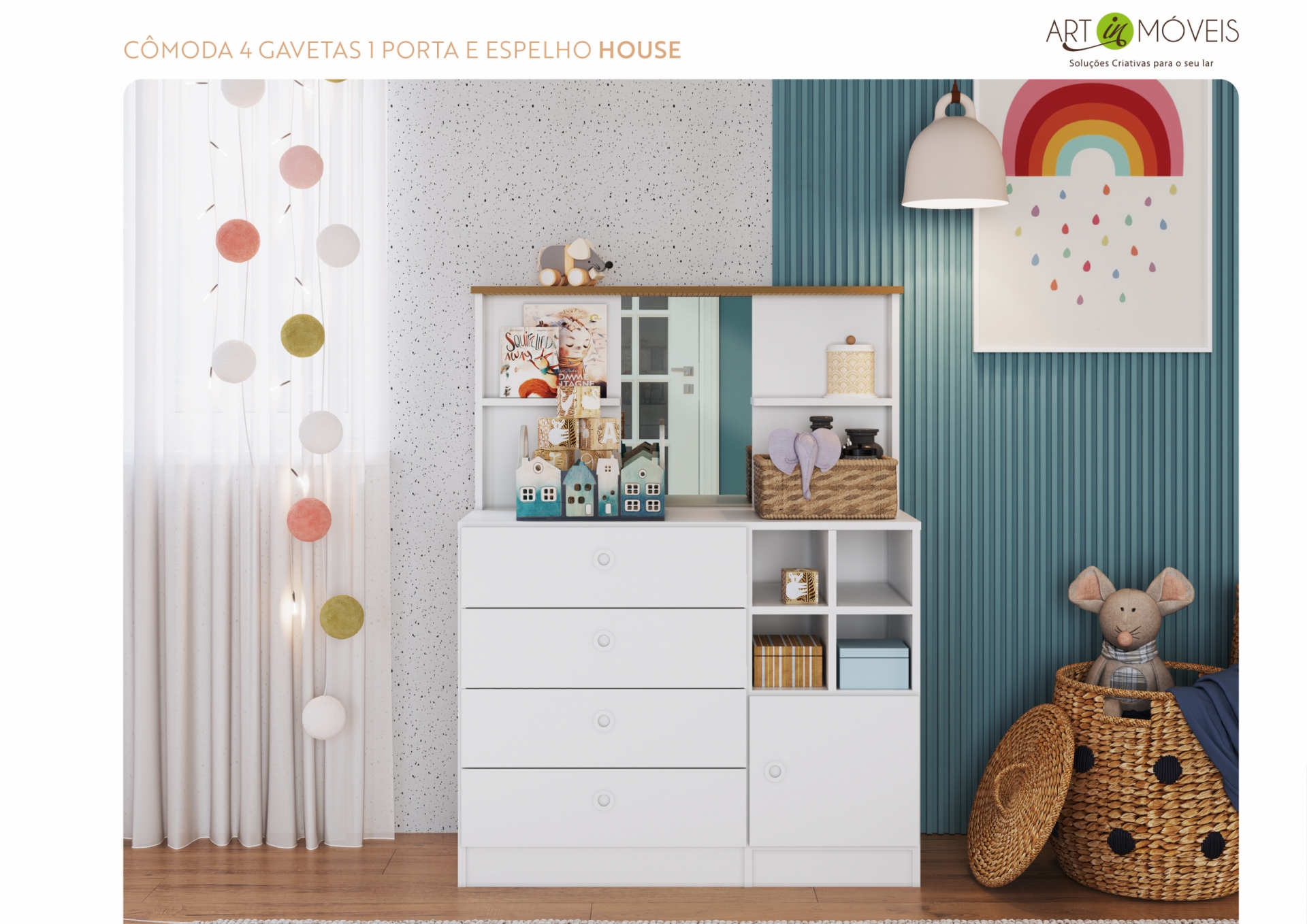 Cômoda 4 Gavetas 1 Porta e Espelho House Art In Móveis