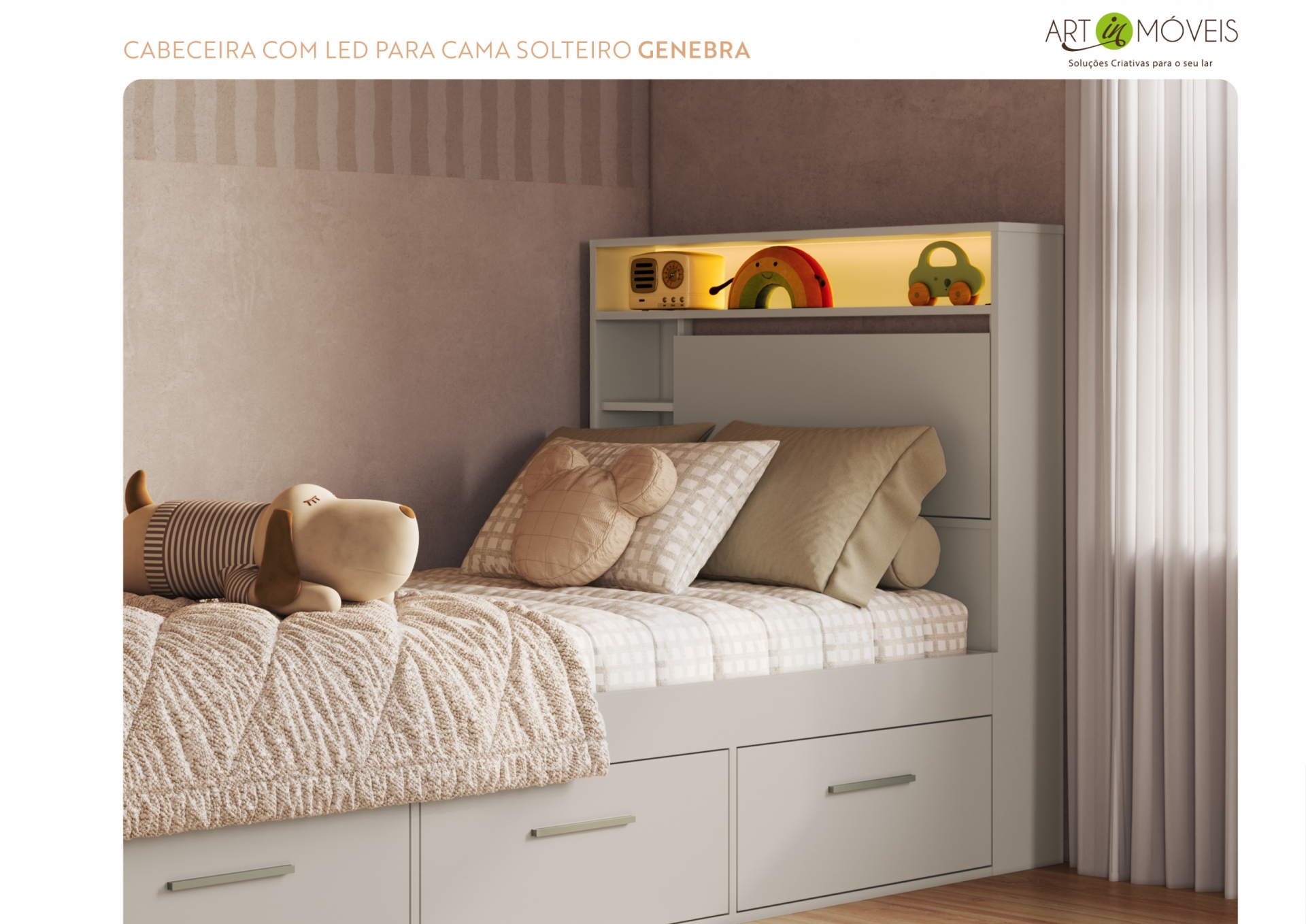 Cabeceira solteiro com iluminacão led Genebra Art In Móveis