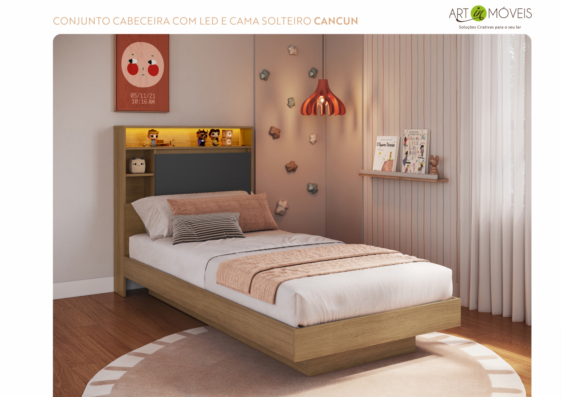 Conjunto cama e cabeceira com iluminação led Zurique Art In Móveis