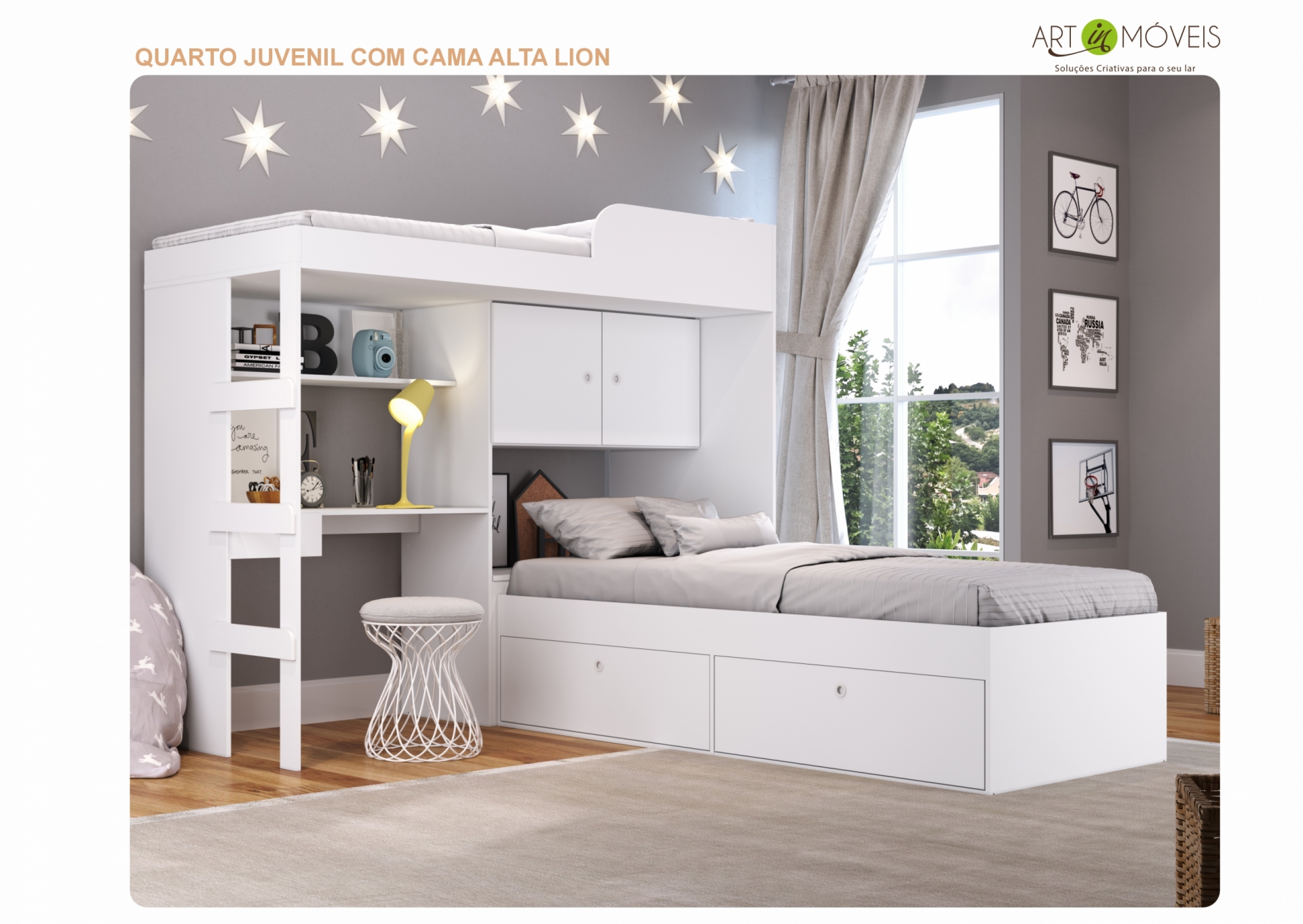 Quarto Juvenil com Cama Alta Lion Art In Móveis