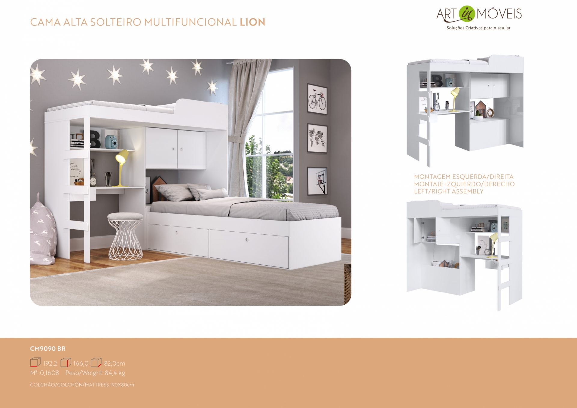 Produto Cama Alta Solteiro Multifuncional Lion