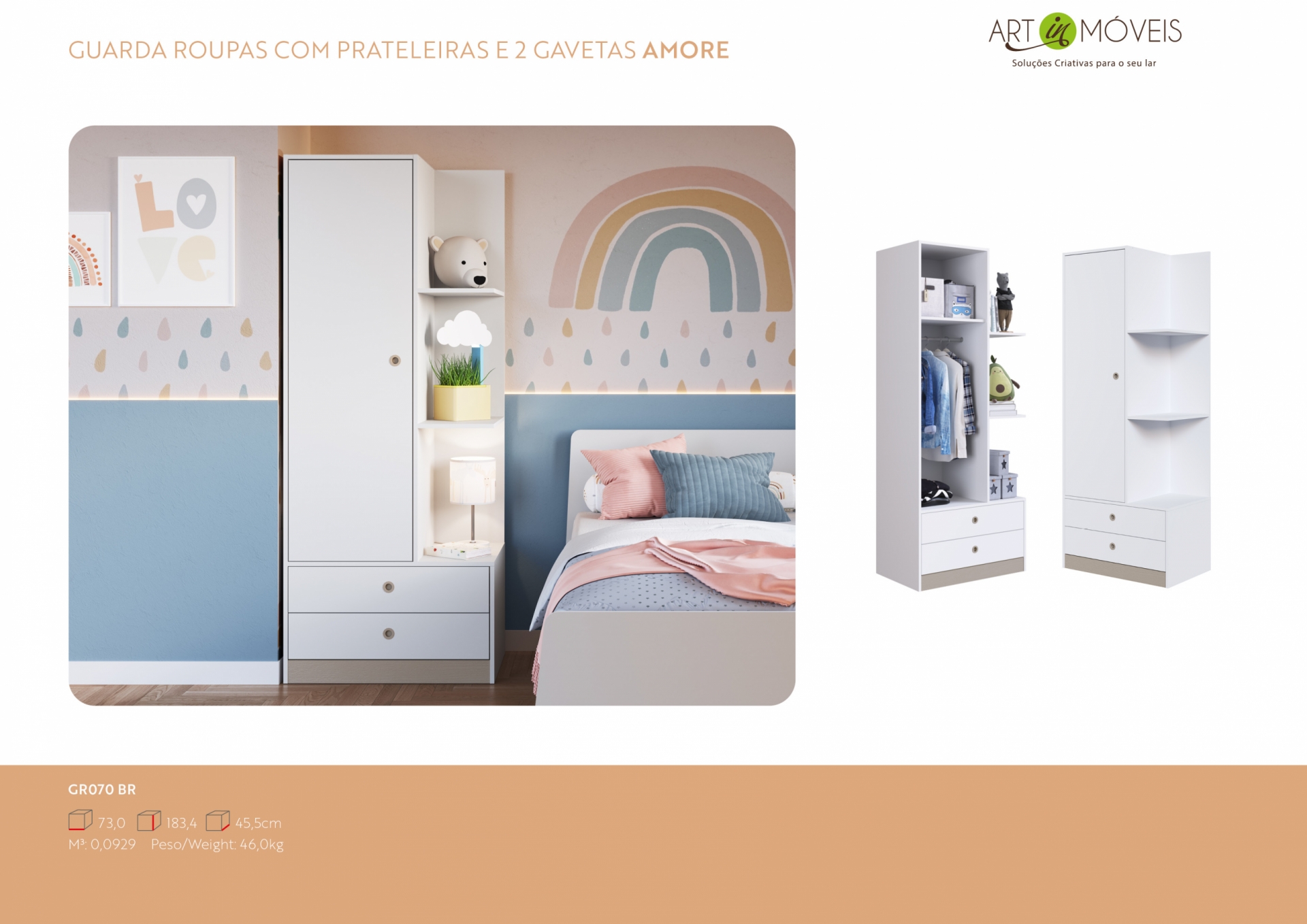 Produto Guarda Roupas com Prateleira e 2 Gavetas Amore