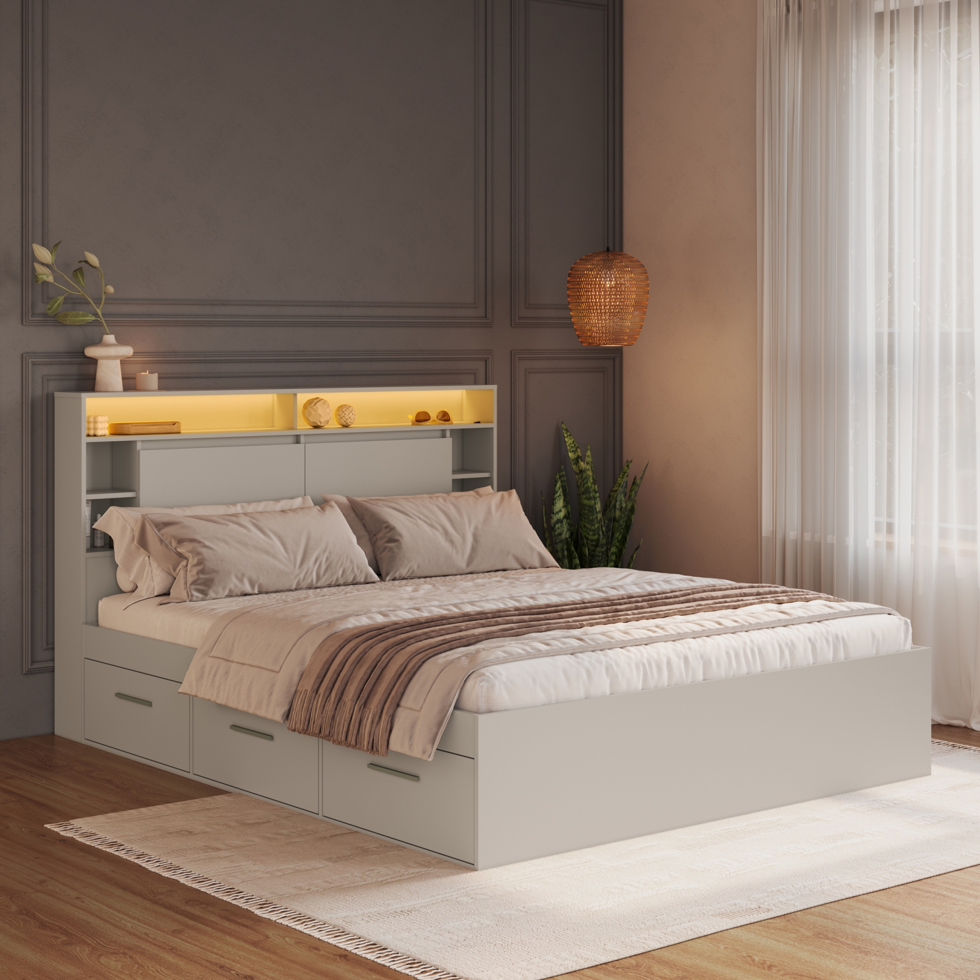 Produto Conjunto cama casal e cabeceira com iluminação LED Genebra