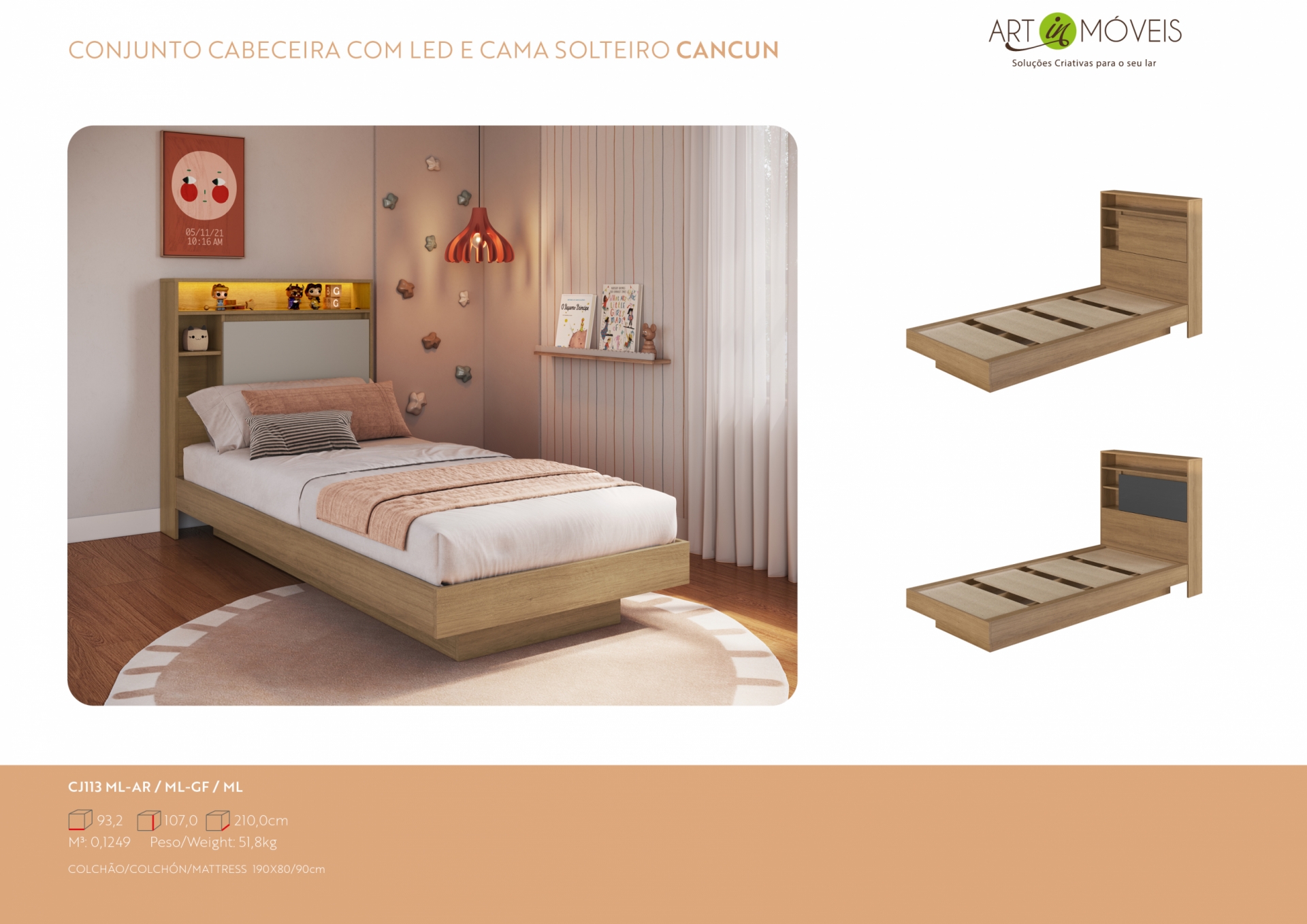Produto Conjunto cama e cabeceira com iluminação LED Zurique