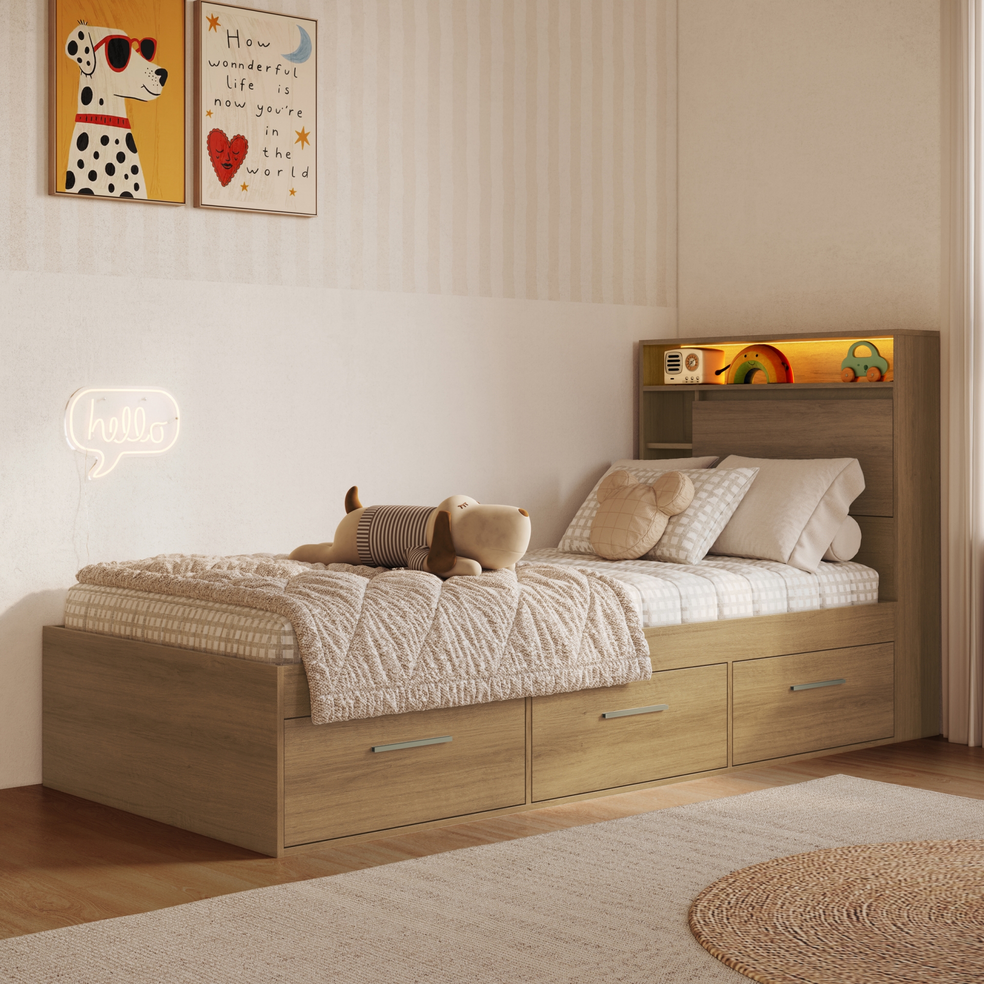 Produto Conjunto cama solteiro e cabeceira com iluminação LED Genebra