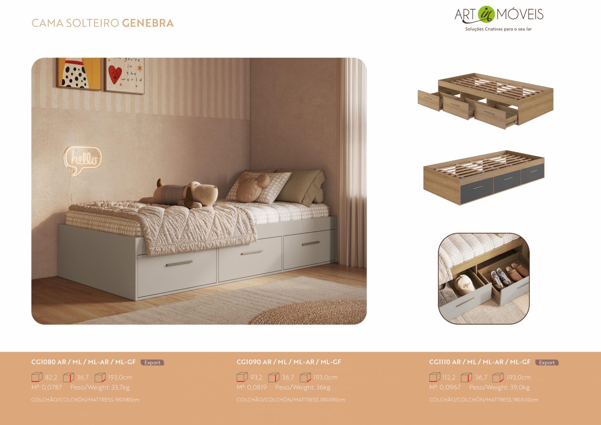 Produto Cama solteiro com 3 gavetões Genebra