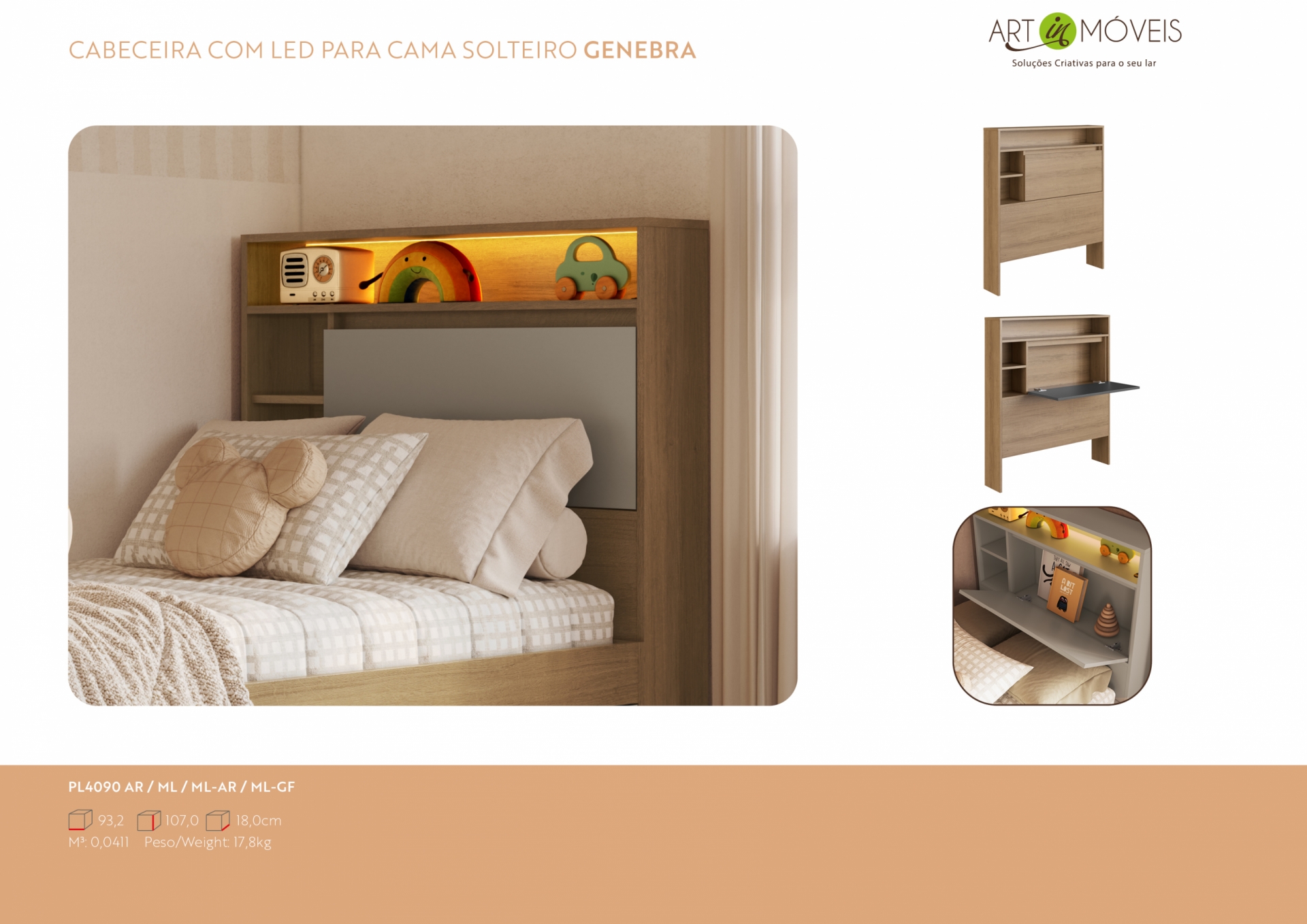 Produto Cabeceira solteiro com iluminacão led Genebra