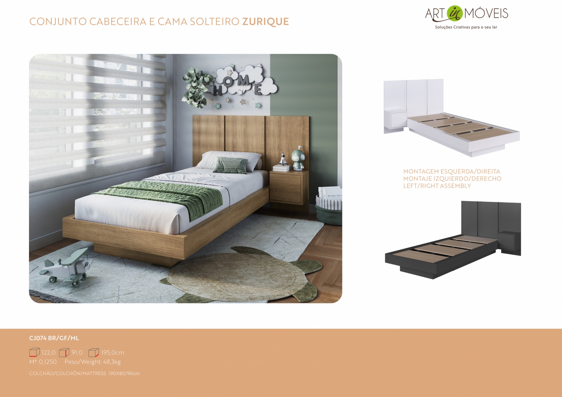 Produto Conjunto Cabeceira e Cama Solteiro Zurique